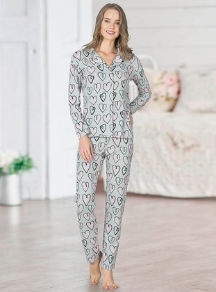 Gray - Shawl Collar - Multi - Pyjama Set - Özkan Underwear