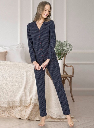 Cotton Long Sleeve Button Down Pajama Set Navy Blue
