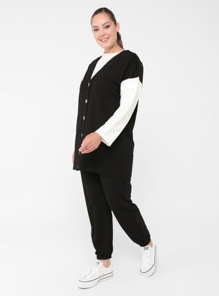 White - Ecru - Black - V neck Collar - Plus Size Cardigan - Alia