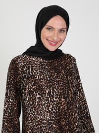 Brown - Leopard - Crew neck - Unlined - Modest Dress