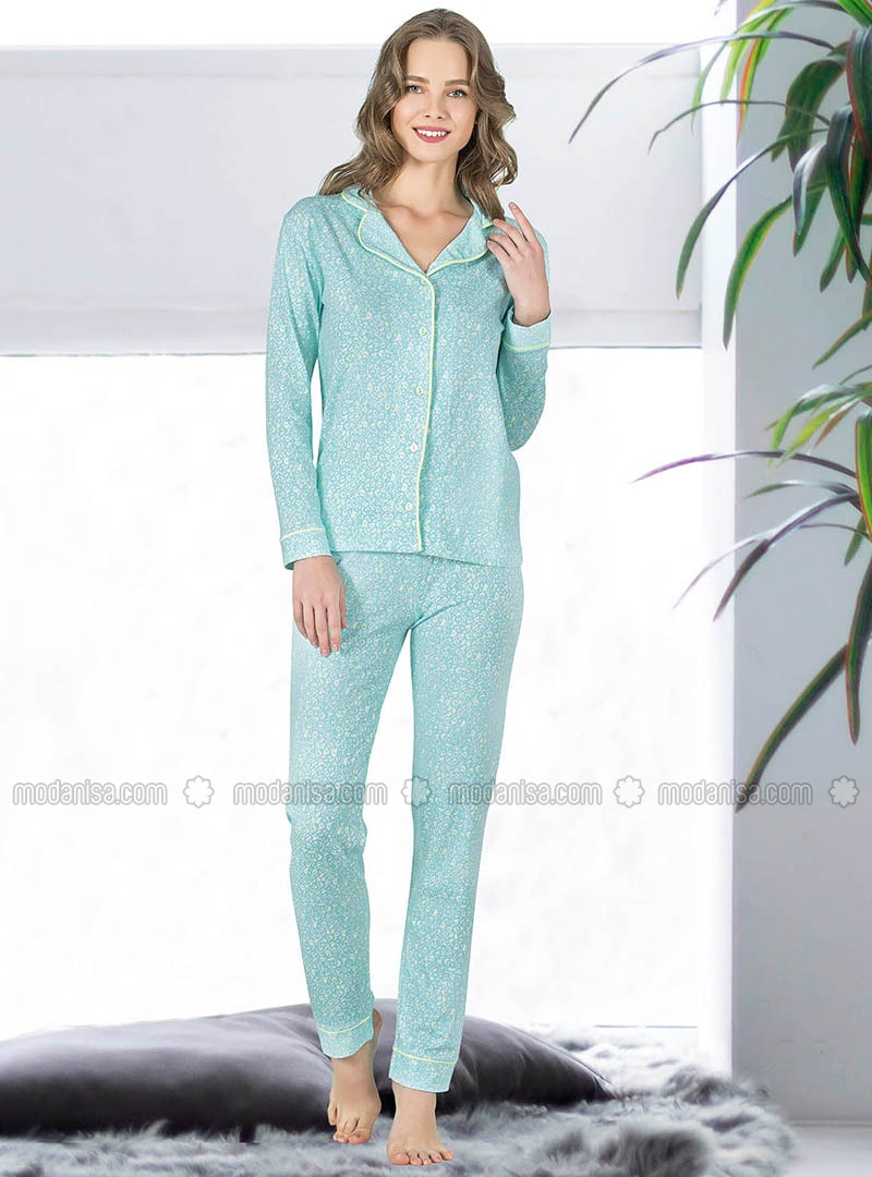 Cotton Long Sleeve Button Down Cuffed Pajama Set Mint