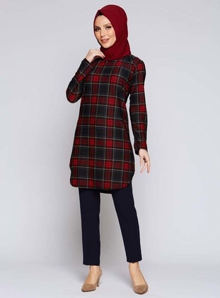 Maroon - Checkered - Crew neck - Tunic - Topless
