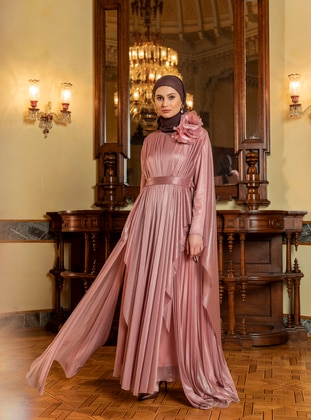 Özlem Süer X Refka Floral Detailed Tulle Evening Dress - Dusty Rose - Refka Woman