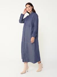 Navy Blue - Unlined - Point Collar - Plus Size Dress