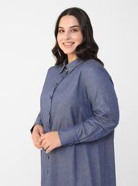Navy Blue - Unlined - Point Collar - Plus Size Dress