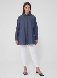 Navy Blue - Point Collar - Cotton - Plus Size Tunic