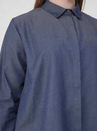 Navy Blue - Point Collar - Cotton - Plus Size Tunic