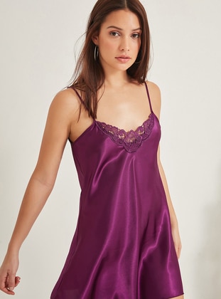 Lace Detailed Satin Nightgown Purple
