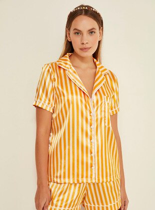 Ecru - Mustard - V neck Collar - Stripe - Pyjama - C&CITY