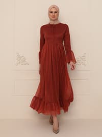Terra Cotta - Silvery - Fully Lined - Crew neck - Modest Evening Dress