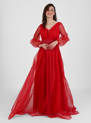 Red - Multi - Fully Lined - V neck Collar - Modest Evening Dress - MEKSİLA