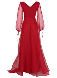 Long Flared Hijab Evening Dress With Embroidered Waist Detail Red