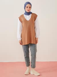 V-Neck Sweater With Slits And Belt Sweater Biscuit