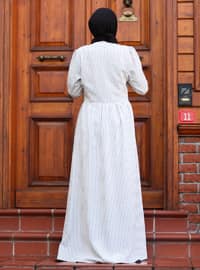 Ecru - Stripe - Round Collar - Unlined - Modest Dress