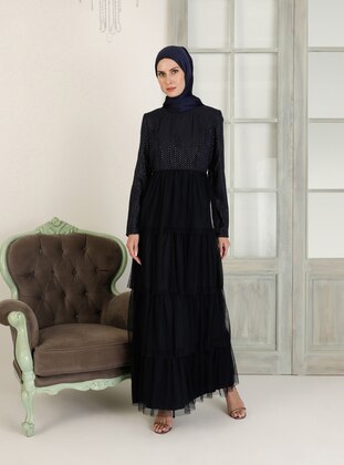 Tulle Detailed Hijab Evening Dress Navy Blue
