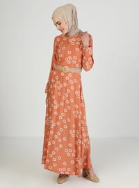 Terra Cotta - Floral - Crew neck - Unlined - Modest Dress