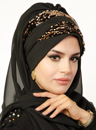Draped Sequined Evening Dress Shawl Black Gold Color Instant Scarf