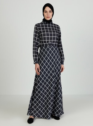Black - Checkered - Crew neck - Fully Lined - Modest Dress  - Bürün