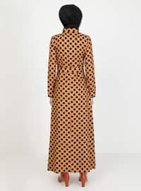 Mustard - Polka Dot - Crew neck - Unlined - Modest Dress