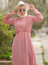 Pink - Floral - Crew neck - Unlined - Modest Dress