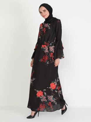 Floral Patterned Modest Dress Black