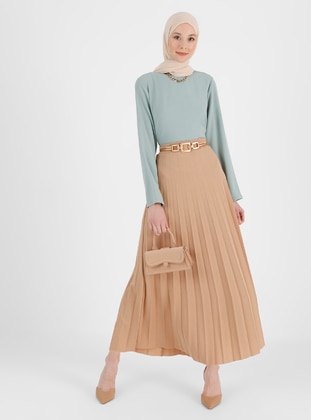 Pleated Full Length 95 Cm Skirt Beige