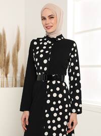 Black - Stripe - Polka Dot - Point Collar - Unlined - Modest Dress