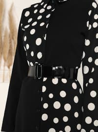 Black - Stripe - Polka Dot - Point Collar - Unlined - Modest Dress