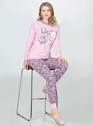 Pink - Crew neck - Multi - Pyjama Set - Dika