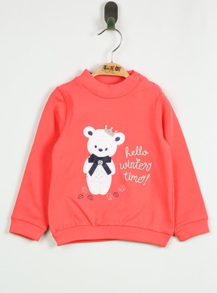 Toontoy Baby Girl Teddy Bear Embroidery Thin Combed Cotton T-Shirt Pomegranate Blossom Pomegranate Blossom