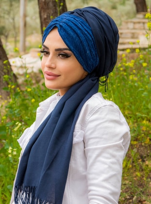 Patterned Instant Practical Shawl Navy Blue Instant Scarf