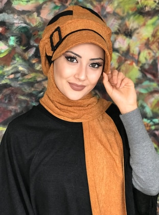 Striped Detailed Buckle Hat And Shawl Mustard Black Instant Scarf