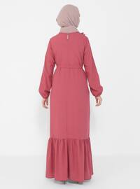 Ruffle Detailed Belt Detailed Modest Dress Rose