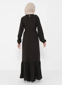 Elastic Sleeves And Shoulder Ruffle Detailed Belt Detailed Modest Dress Black