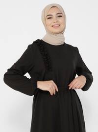 Elastic Sleeves And Shoulder Ruffle Detailed Belt Detailed Modest Dress Black