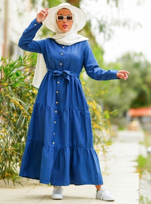 Blue - Saxe - Point Collar - Unlined - Modest Dress - Por La Cara