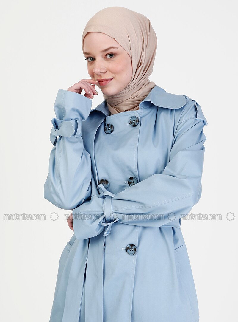 Baby Blue Fully Lined V Neck Collar Trench Coat