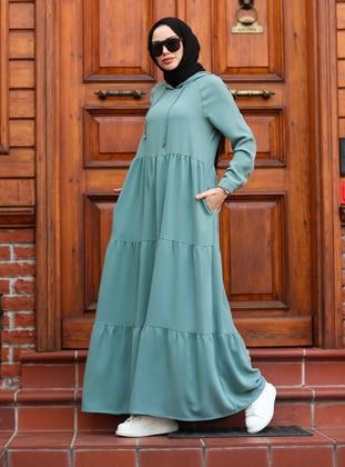 Hooded Modest Dress Mint Green