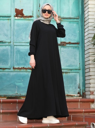 Modest Dress With Elastic Sleeve Ends Black