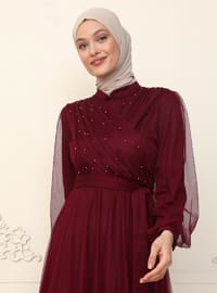 Tulle Detailed Hijab Evening Dress Burgundy