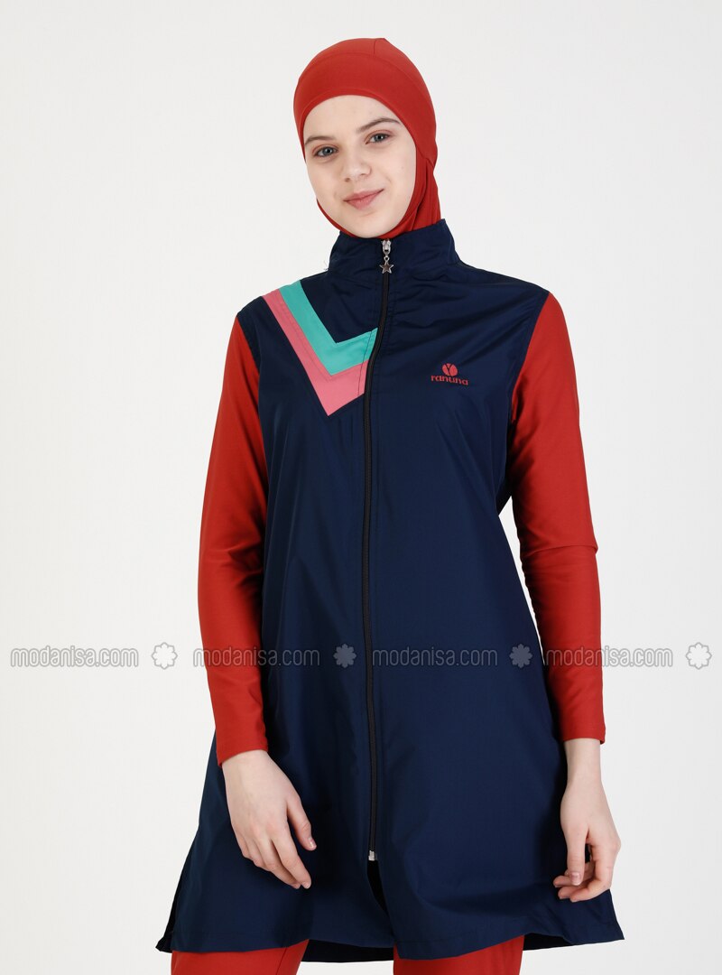 Merah Bata Biru Navy Bergaris Pakaian Renang Muslimah