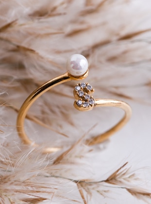 S Letter Ring Gold Color With Pearls