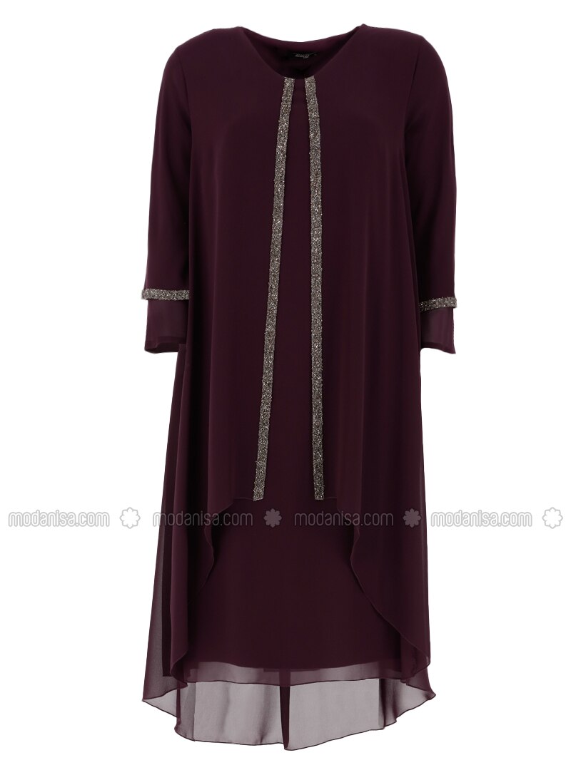 Plum - Fully Lined - Crew neck - Modest Plus Size Evening Dress