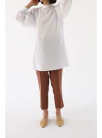 Balloon Sleeve Tunic With Shoulder Pleats White