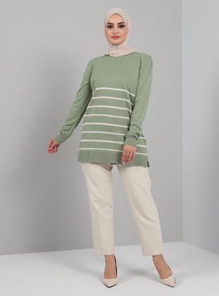 Green Almond - Stripe - Crew neck - Unlined - Knit Tunics - Tavin