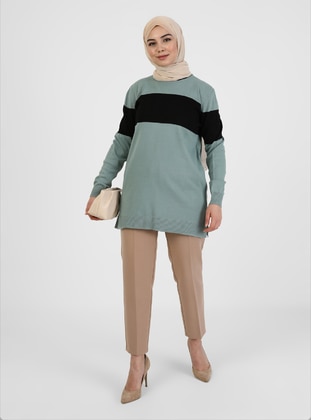 Crew Neck Color Detailed 80Cm Knitwear Tunic