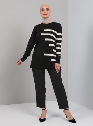 Black - Stripe - Crew neck - Unlined - Knit Tunics - Tavin