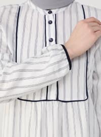 Navy Blue - Stripe - Button Collar - Unlined - Modest Dress