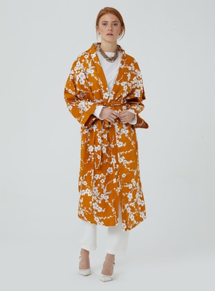 Unlined - Floral - Mustard - V neck Collar - Kimono - Ceylan Otantik
