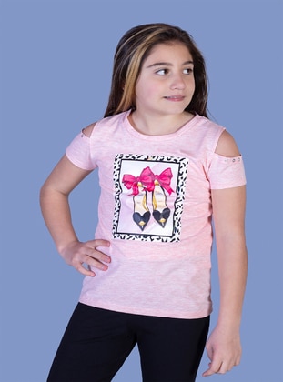 Printed - Crew neck - Unlined - Pink - Girls` T-Shirt - Toontoy
